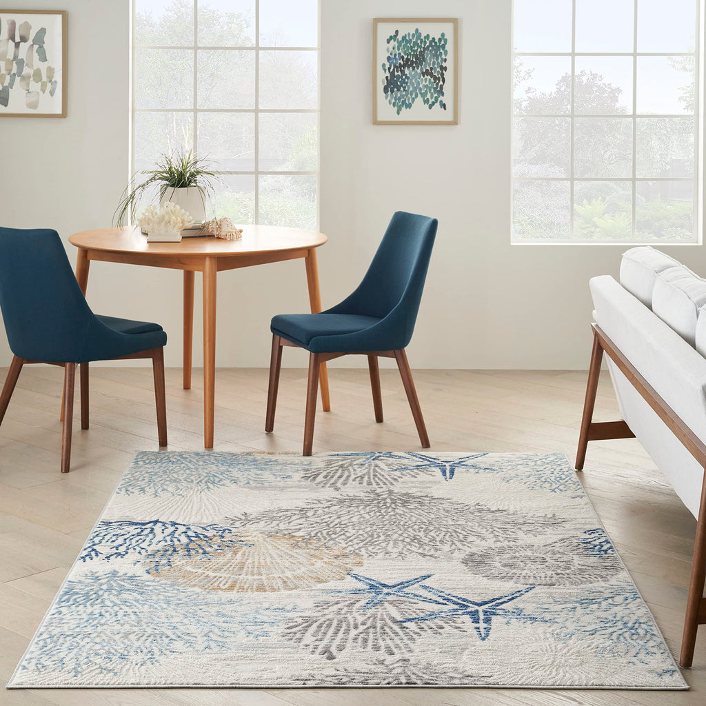 Nourison Home Pompeii Ivory Grey Blue 4' x 6' Area Rug - Easy Clean, Non Shedding, Bed Room, Living Room, Dining Room, Kitchen (4' x 6')