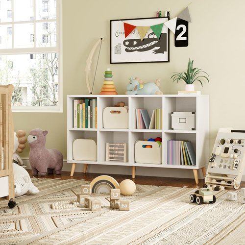 Flrrtenv 8-Cube Bookshelf - Modern 2-Tier Bookcase with Legs | 47" Wood Storage Organizer in White