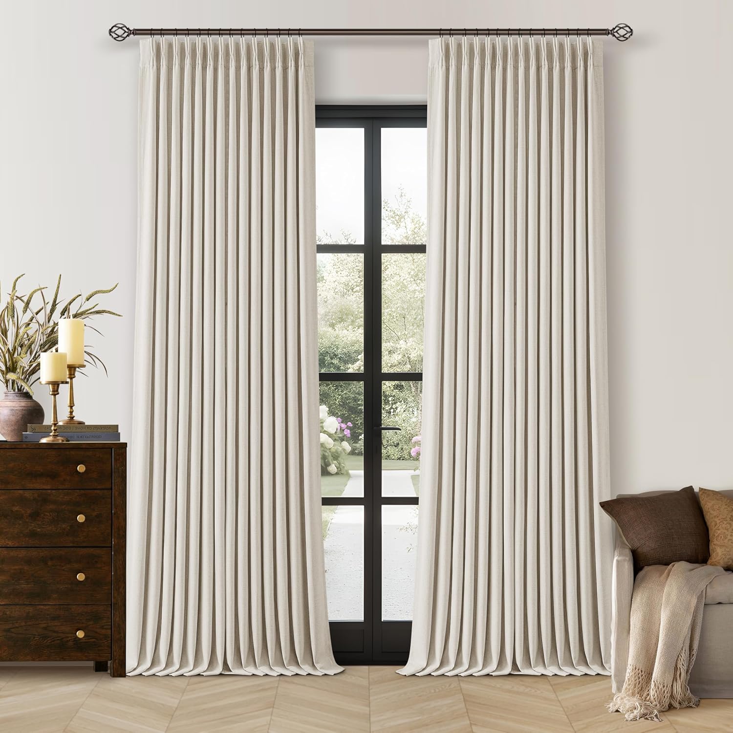 Skiennix 100% Blackout Linen Curtains - Pinch Pleat Design | 96 Inch Length, Cream Ivory Color, 2 Panels