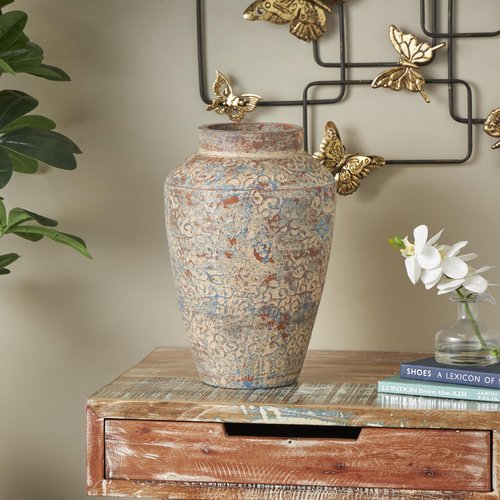 Deco 79 Ceramic Scroll Decorative Vase Antique Style Centerpiece Vase with Blue and Copper Accents, Flower Vase for Home Decoration 10" x 10" x 16", Beige