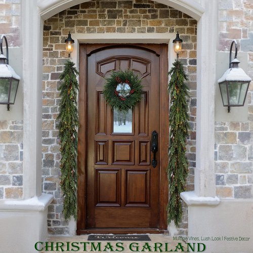 QXXQ 6 Feet Christmas Garland -Real Touch Cedar Garland - Christmas Decorations -Christmas Garland for Table, Wall, Mantle,Outdoor Indoor - Garland for Christmas Decorations Free LED String Lights