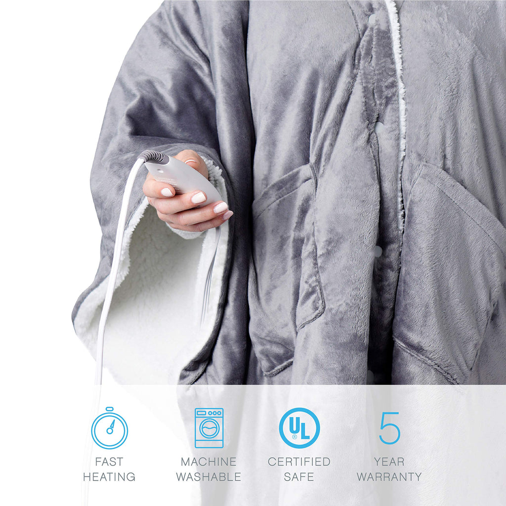 Pure Enrichment PureRelief Plush Heated Shawl - 4 InstaHeat Settings, Wearable Design with Snap Closures, Deep Pockets, Soft Micromink & Sherpa Fabric, Auto Shut-Off Timer, & Machine Washable