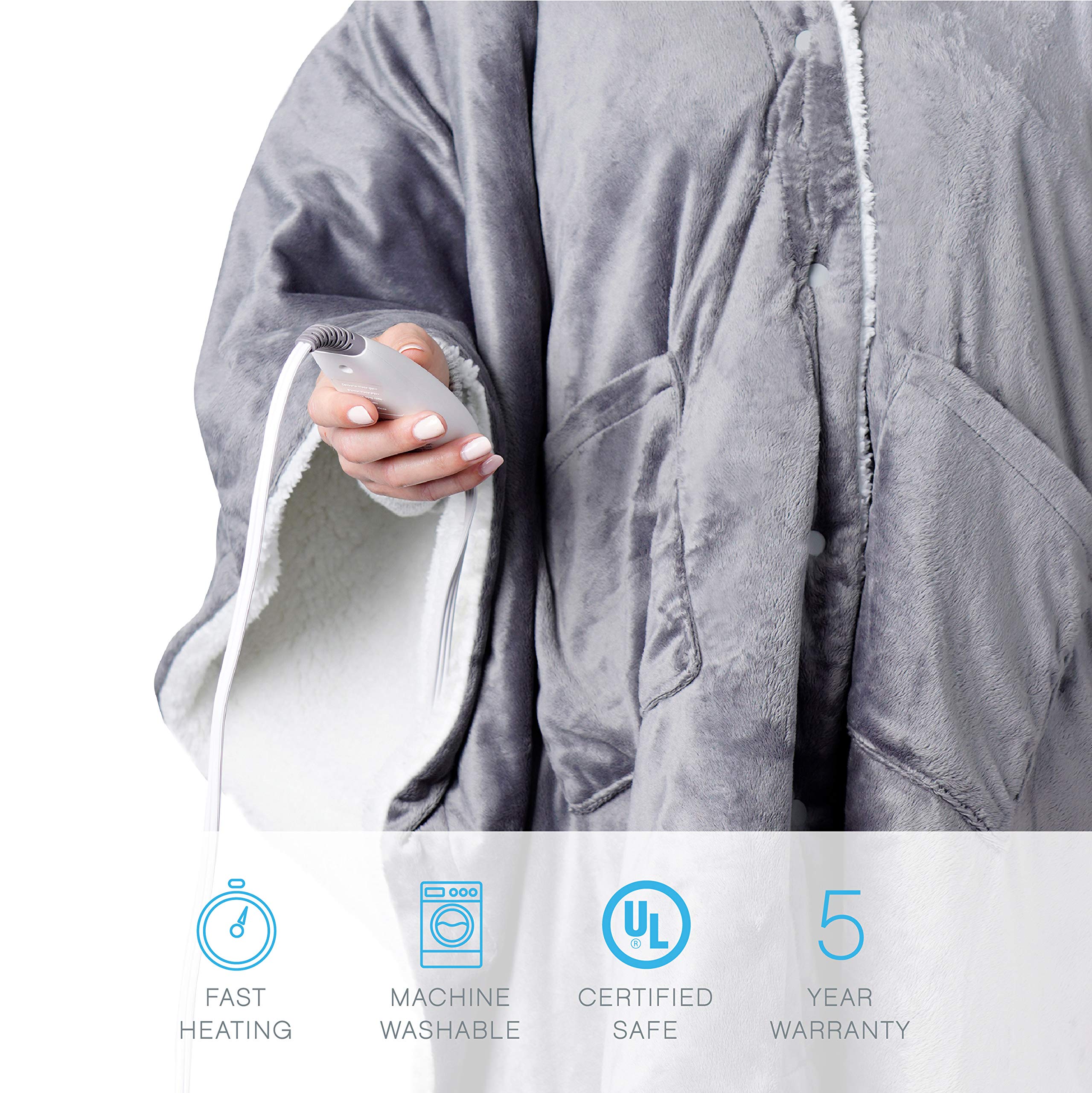 Pure Enrichment PureRelief Plush Heated Shawl - 4 InstaHeat Settings, Wearable Design with Snap Closures, Deep Pockets, Soft Micromink & Sherpa Fabric, Auto Shut-Off Timer, & Machine Washable