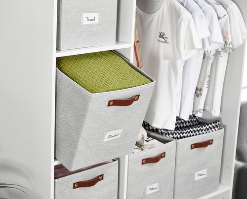 DECOMOMO Storage Baskets - 13x15x13 Cube Bins with Labels for Organized Shelves | Light Texture Grey (4pcs)