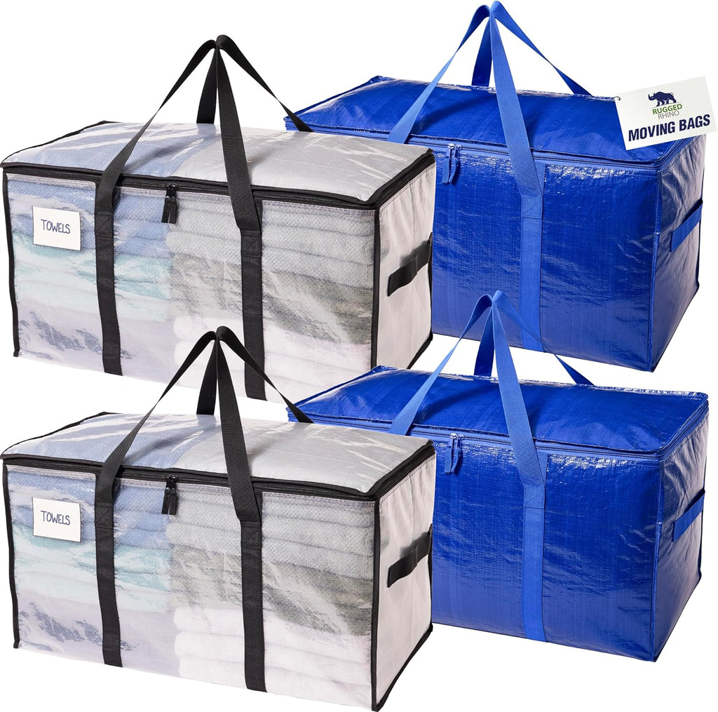 RUGGED RHINO Heavy Duty Extra Large Moving Bags - Durable Zipper & Strong Handles | Space-Saving Storage, Blue/Clear