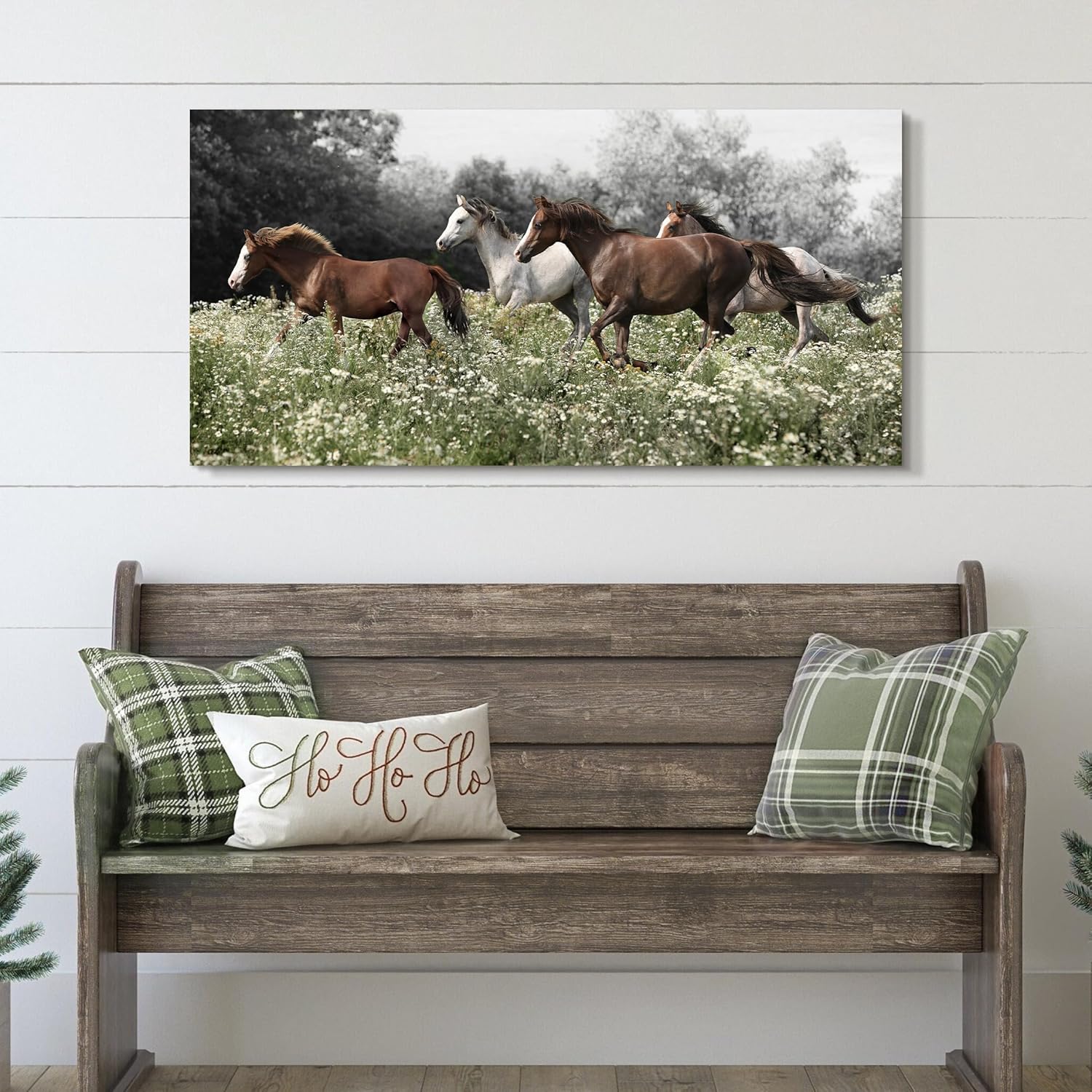 Color Play Horse Canvas Wall Art - Rustic Brown and White Horses Running on Grass | 40 x 20 Inch Decor