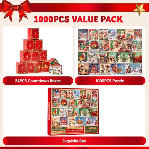 JOYIN 1000 PCS Christmas Advent Calendar Puzzles - 24 Days of Fun Countdown Gifts for Kids