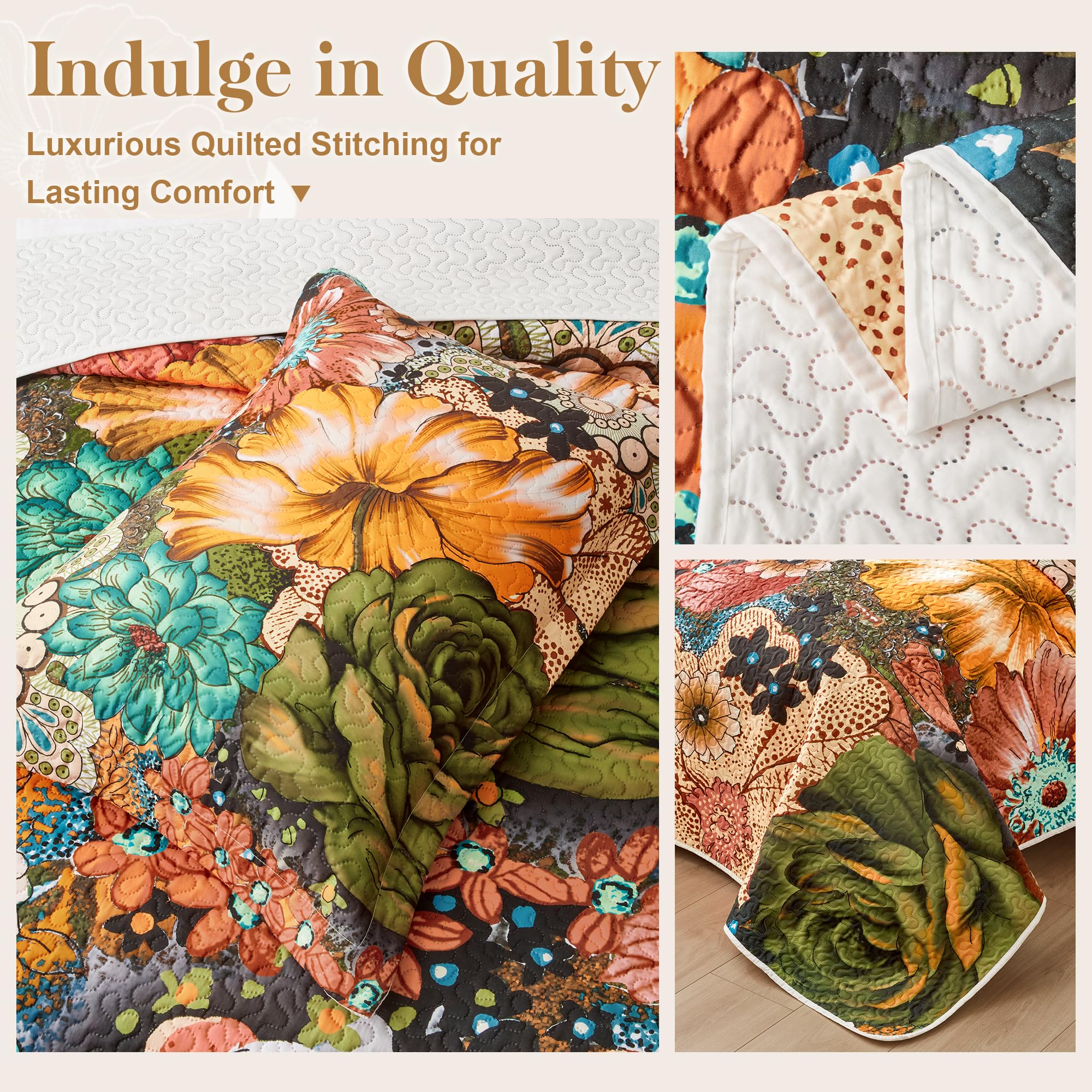 Boho Floral Quilt Sets King Size Reversible Mid Century Quilt Bedding Set Bohemian Design Soft Bedspread 3 Pieces Microfiber Lightweight Coverlet with 2 Pillow Shams for All Seasons, 106''x96''