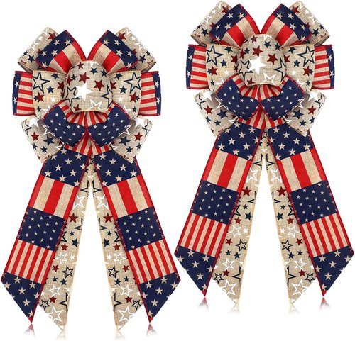 Jutom Patriotic Bow Wreath - Red, White & Blue Star Burlap Bow for 4th of July & Veterans Day | Indoor/Outdoor Decor