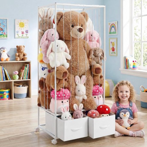 Stuffed Animal Storage Organizer, Jumbo Metal Stuffed Animal Zoo with 2 Drawers and Lockable Casters, 54"x24"x16.5" Extra Large Stuffed Animal Storage Holder Organizers for Playroom Bedroom Nursery