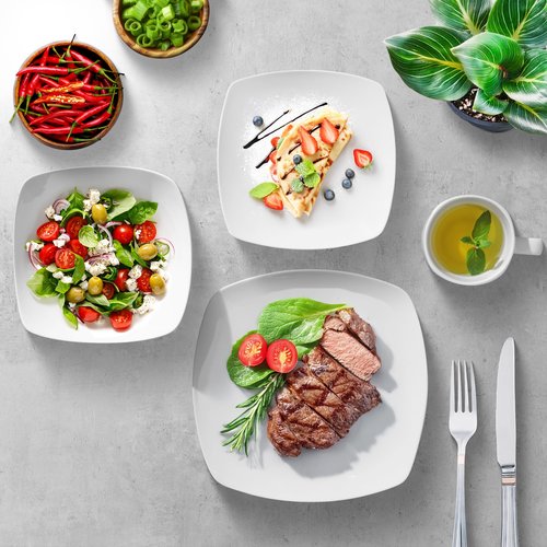 Zulay Kitchen Luna Plates and Bowls Sets, 16 Piece Modern Porcelain Dish Set for 4, Chip and Scratch Resistant Square Dinnerware Set, Microwave and Dishwasher Safe, Pearl White
