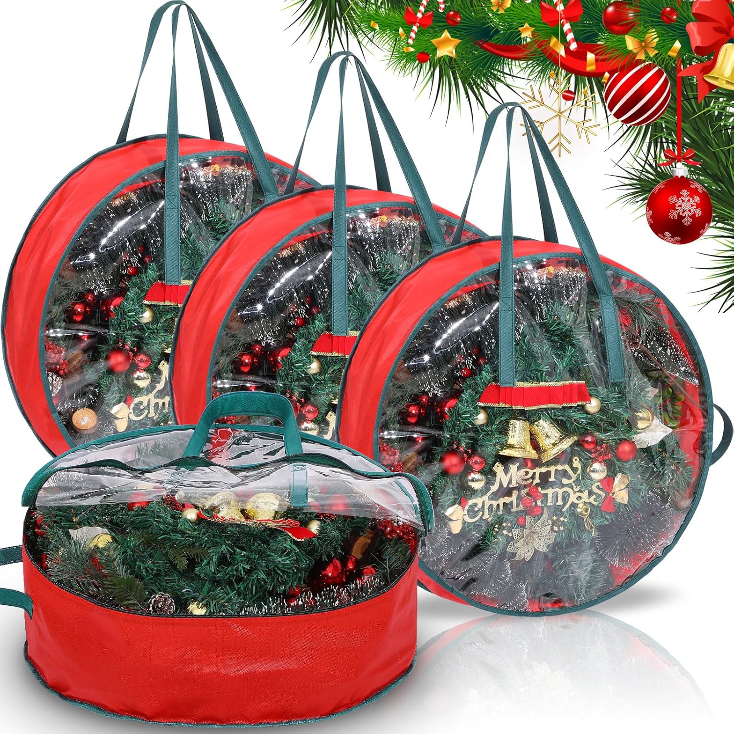 Shappy Wreath Storage Bag - 4 Pcs Red Clear Box with Window & Handle for Holiday Decor | 24 Inch