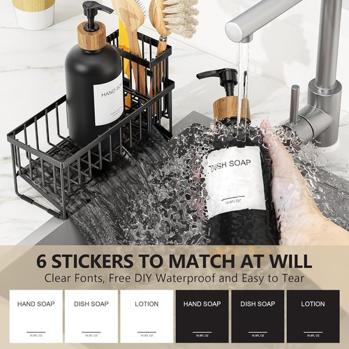 Cisily Dish Soap Dispenser Set - 2 Pack Black Glass Bottles with Adjustable Sponge Holder | 16.9oz