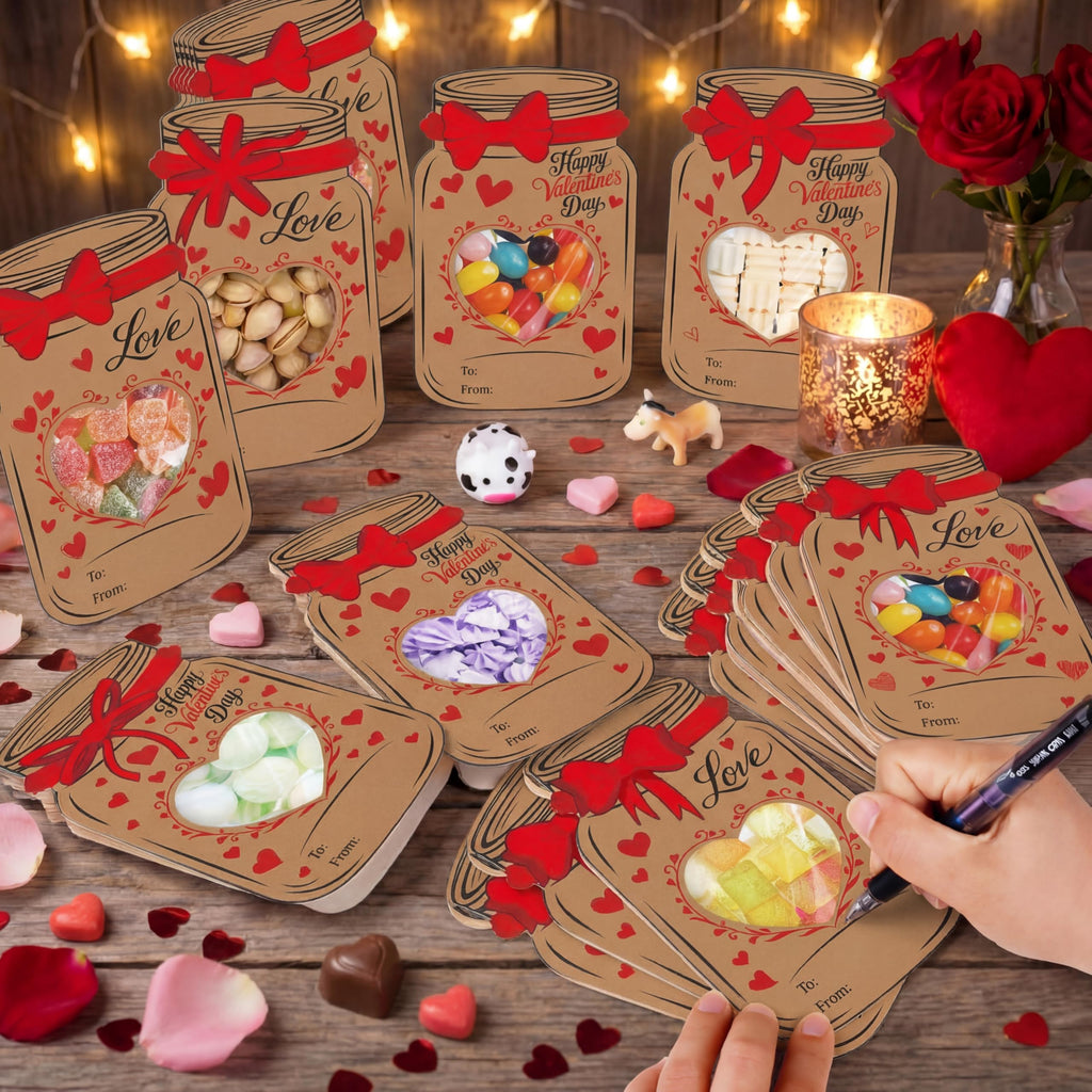 Honeydak 48 Set Valentine's Day Mason Jar Bows Cards Kit with Clear Treat Bags & Adhesive Strips, Happy Valentines Cards, DIY Goodie Bags, Valentines Exchange Card, Party Favors Supplies