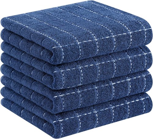 Homaxy 100% Cotton Terry Kitchen Towels - Soft & Super Absorbent Checkered Design | Navy Blue, 13 x 28 Inches, 4 Pack