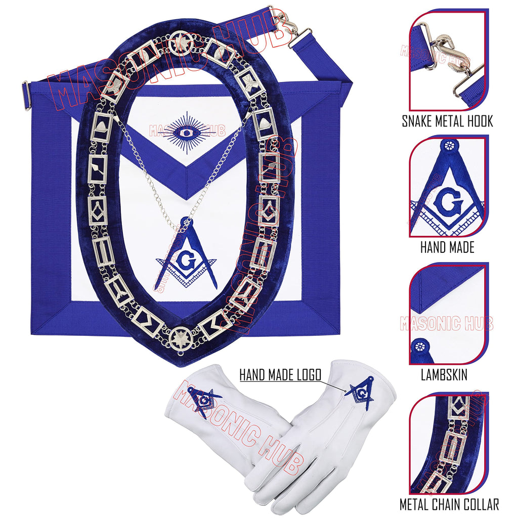 MASONIC BLUE LODGE MASTER MASON 100% LAMBSKIN APRON & WORKING TOOLS CHAIN COLLAR WITH MASTER MASON BLUE LODGE 100% LAMBSKIN GLOVE- HAND MADE