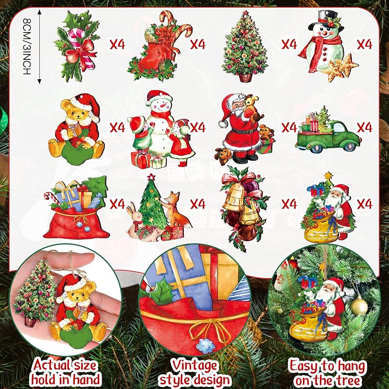 Sawysine 48 Pcs Vintage Wood Christmas Ornaments with 10m Rope - Retro Santa, Reindeer & More (Variation: Retro)