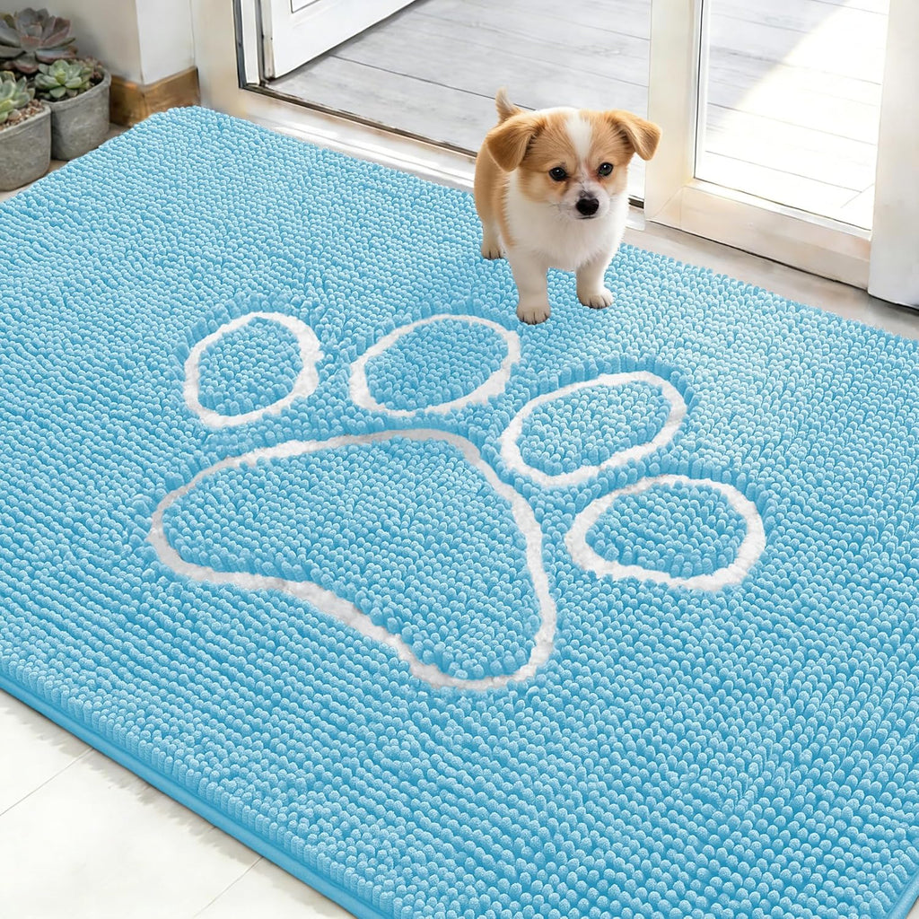 OLANLY Dog Door Mat - Absorbent Non-Slip Muddy Paws Mat | 48x30 Paw Print Design, Quick Dry Chenille, Blue