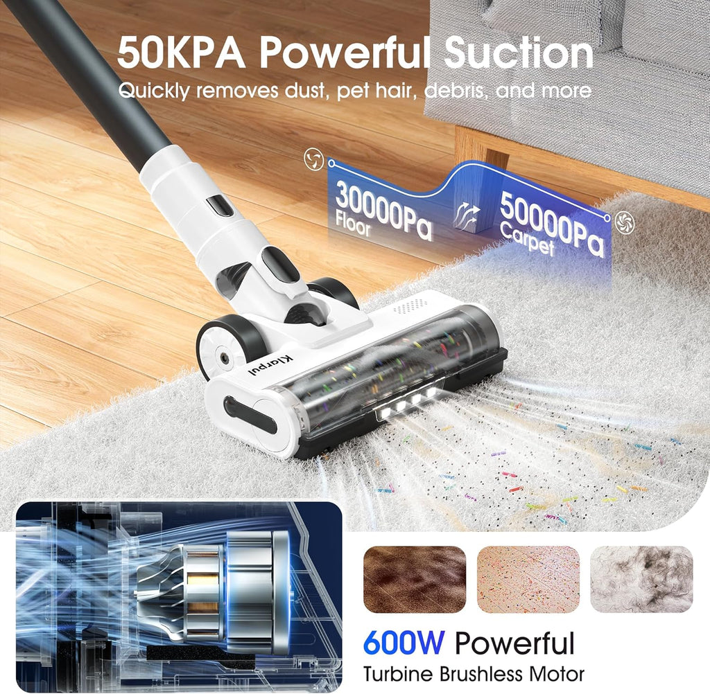 Skiennix Cordless Vacuum Cleaner - 600W Power, 70-Minute Runtime, LED Touch Screen - Lightweight, White