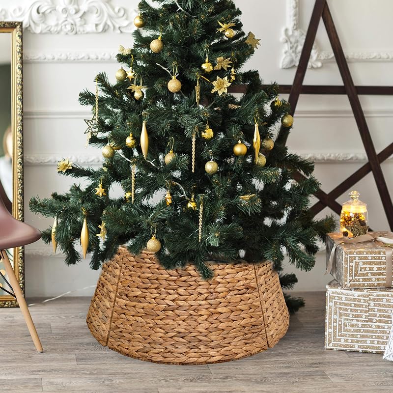 36 Inch Natural Water Hyacinth Christmas Tree Collar with Metal Frame - Handwoven Farmhouse Wicker, Easy Assembly (Variation: Natural+36 Inches)