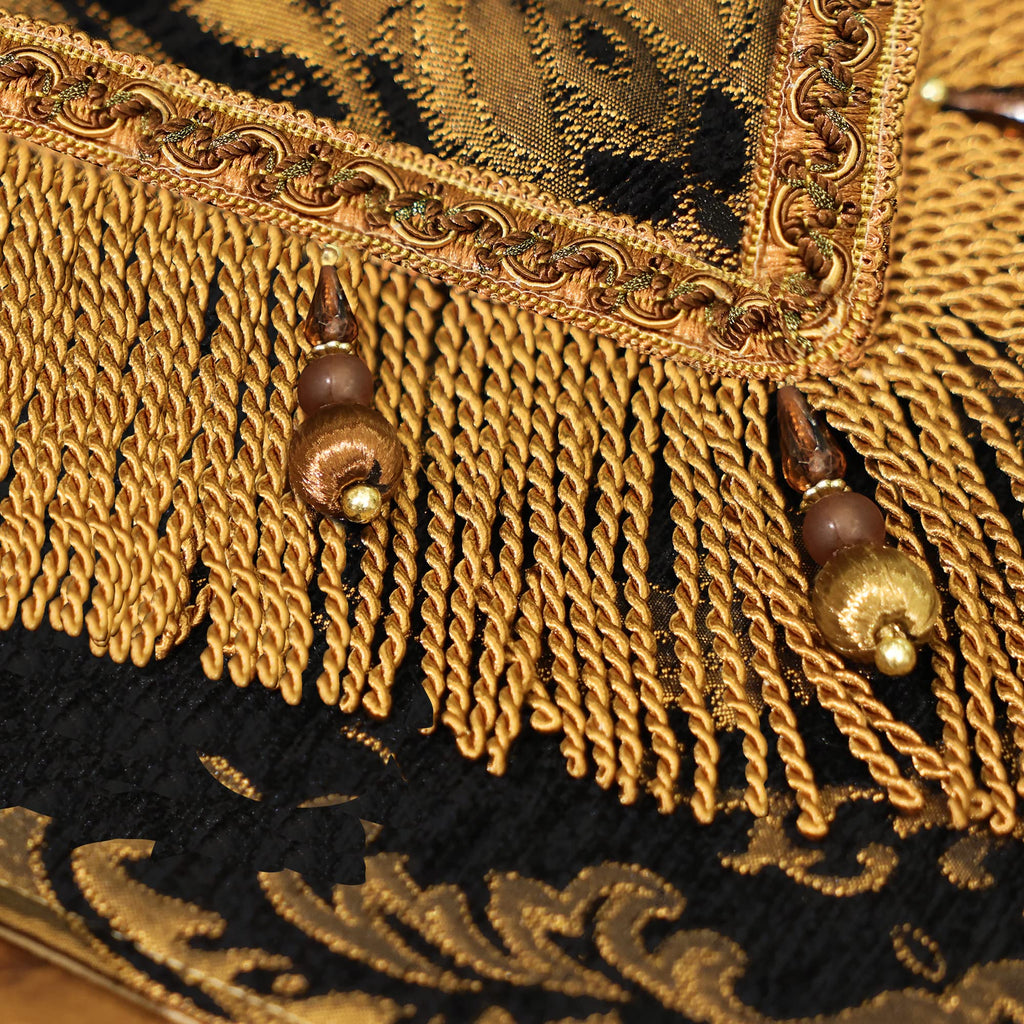 Loom and Mill Luxury Chenille Table Runner 108 Inches Long, Black Damask Jacquard Table Runners with Multi-Tassels for Halloween Dining Room Dresser Party Holiday Banquet Decorations(Black,13*108inch)