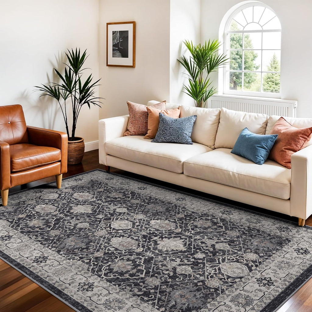 Skiennix 4x6 Living Room Area Rug - Washable Non-Slip Boho Design | Low Pile Neutral Carpet for Kids Room, Office, Kitchen