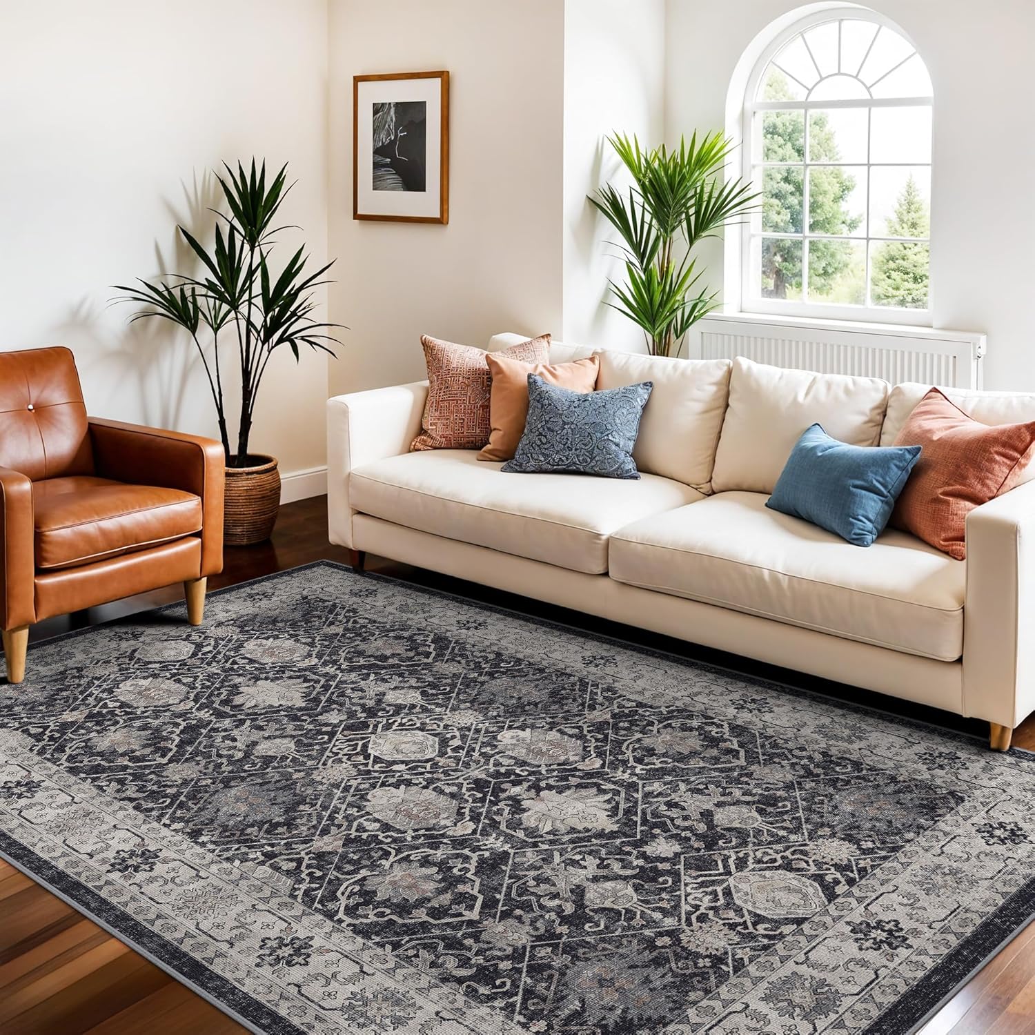 Skiennix 4x6 Living Room Area Rug - Washable Non-Slip Boho Design | Low Pile Neutral Carpet for Kids Room, Office, Kitchen