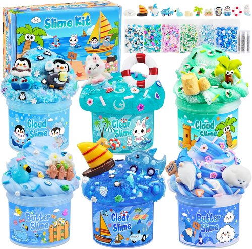 LAWOHO Blue Ocean Slime Kits - 6 Pack Non-Stick Butter Cloud Slime for Ages 8-12 | Perfect Birthday & Holiday Gifts