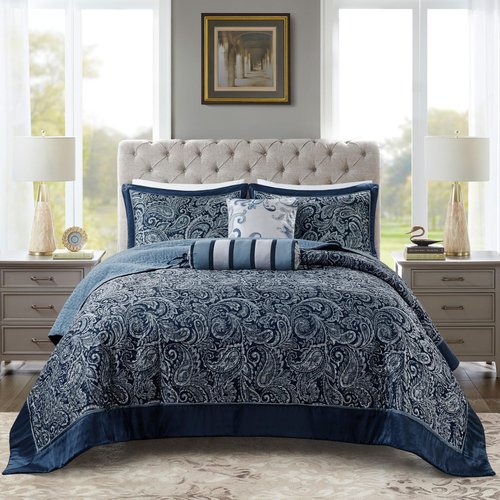 Madison Park Aubrey Reversible Quilted Bedspread Set, Solid Reverse Summer Breathable, Lightweight All Season Bedding Layer, Matching Shams, Bedspread Queen(102"x118"), Navy 5 Piece
