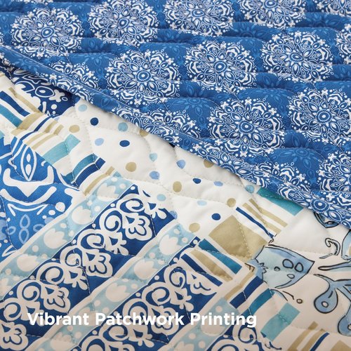 Bedsure Patchwork Quilts - Reversible Blue Floral Queen Comforter | Lightweight Summer Bedspread (90"x96")