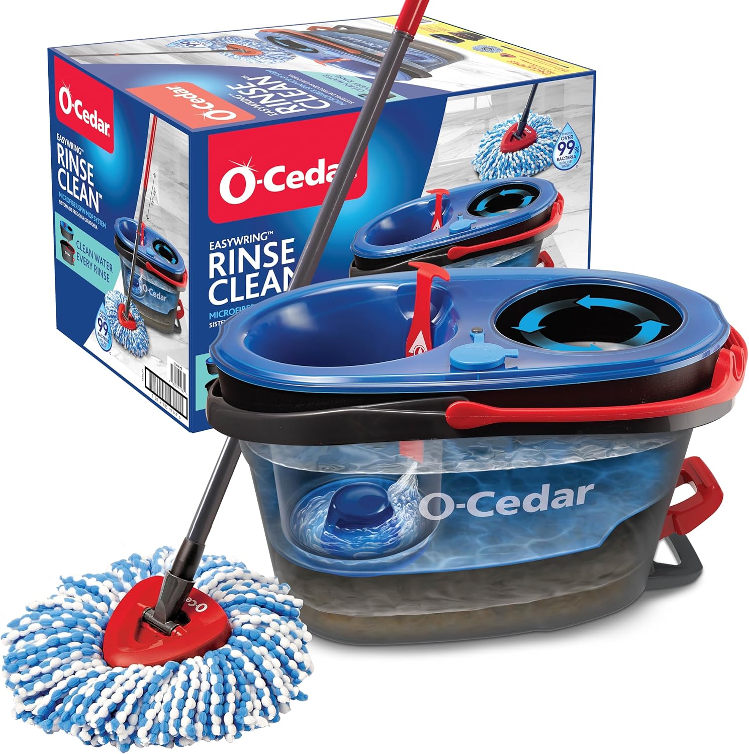 O-Cedar RinseClean Spin Mop & Bucket System - Effortless Cleaning with Water | Eliminates 99% of Bacteria