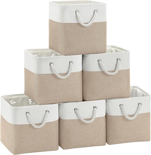 FinishingBo Fabric Storage Cubes - 6 Pack 11x11 Inch Bins with Handles for Home & Office Organization | White/Khaki