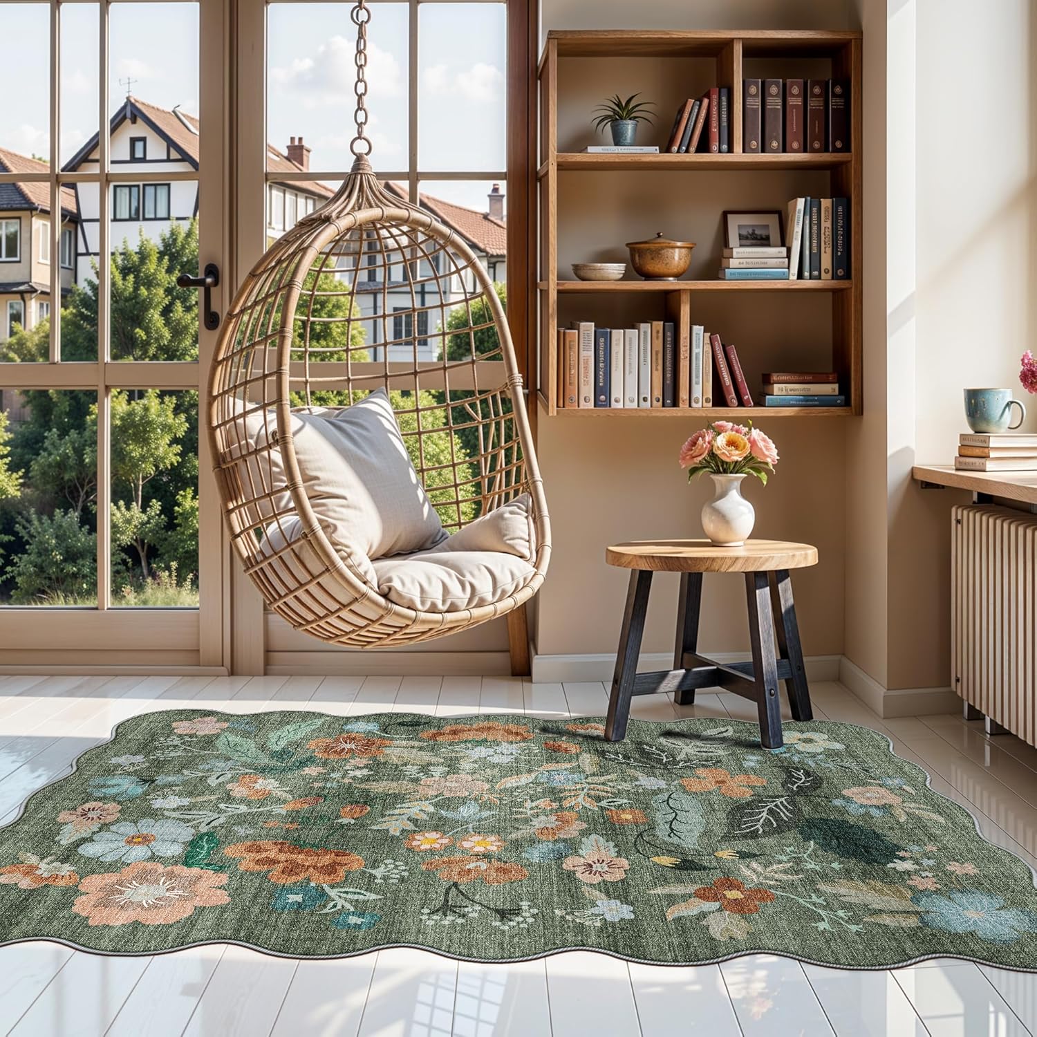 Skiennix Washable 3x5 Area Rug - Ultra Soft Low Pile Carpet with Non-Slip Backing | Floral Green Design