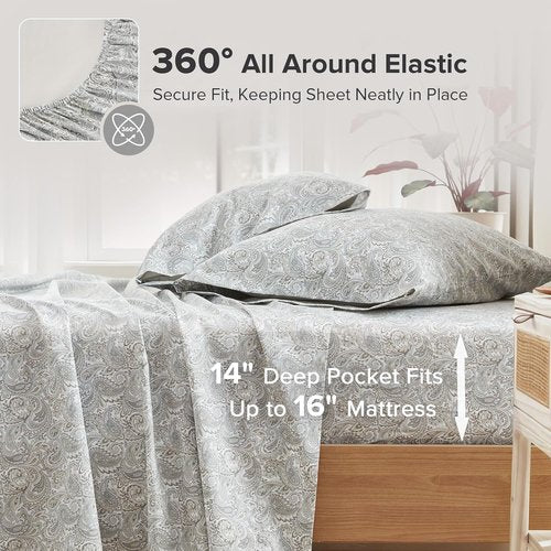 Comfort Spaces King Cotton Sheets - Soft, Breathable & Naturally Cool | 4-Piece Paisley Set with 14" Pocket