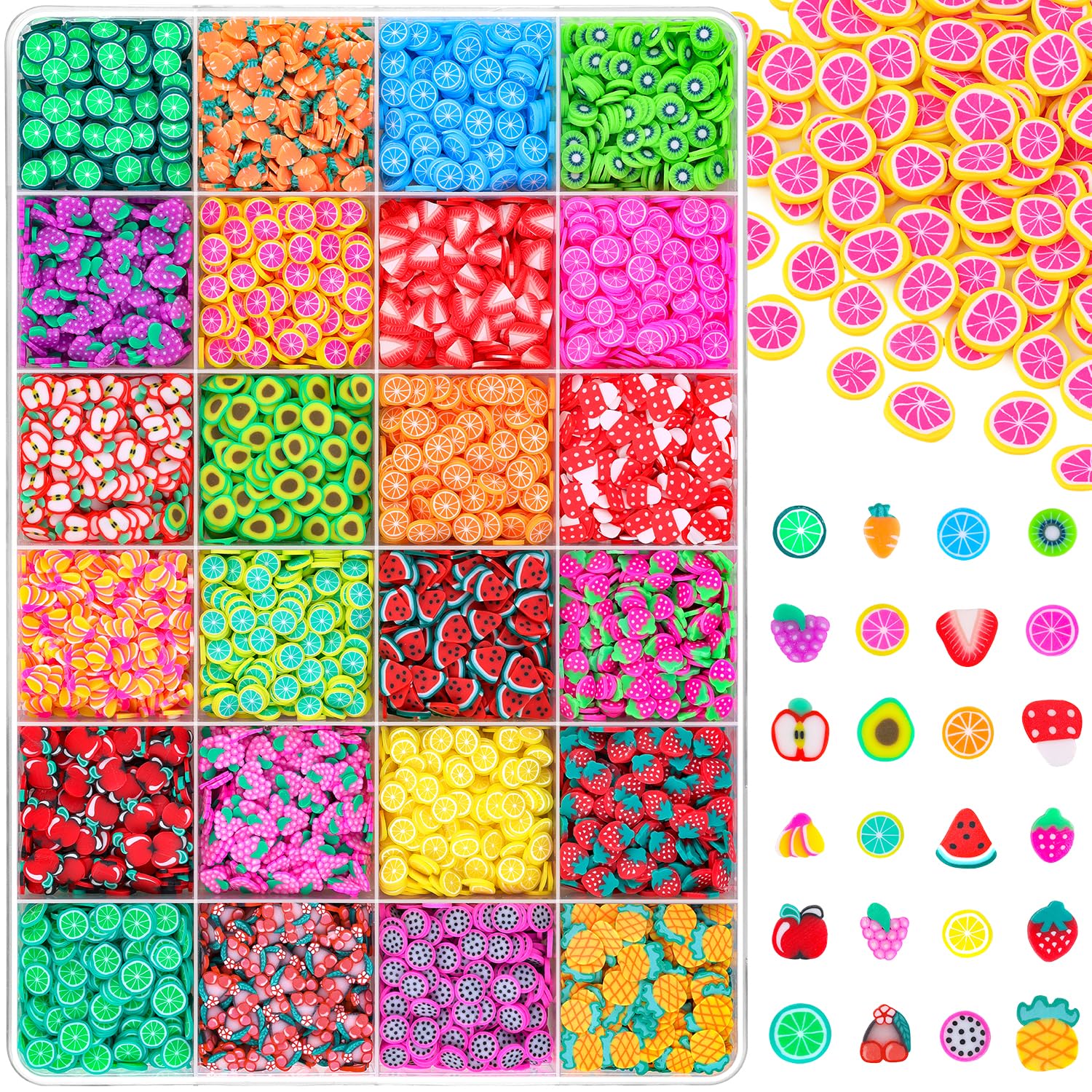 TINKRSTUFF Fruit Slice Polymer Clay Slime Add-Ins | 24-Grid Assorted Fimo Sprinkles for Nail Art & DIY Crafting