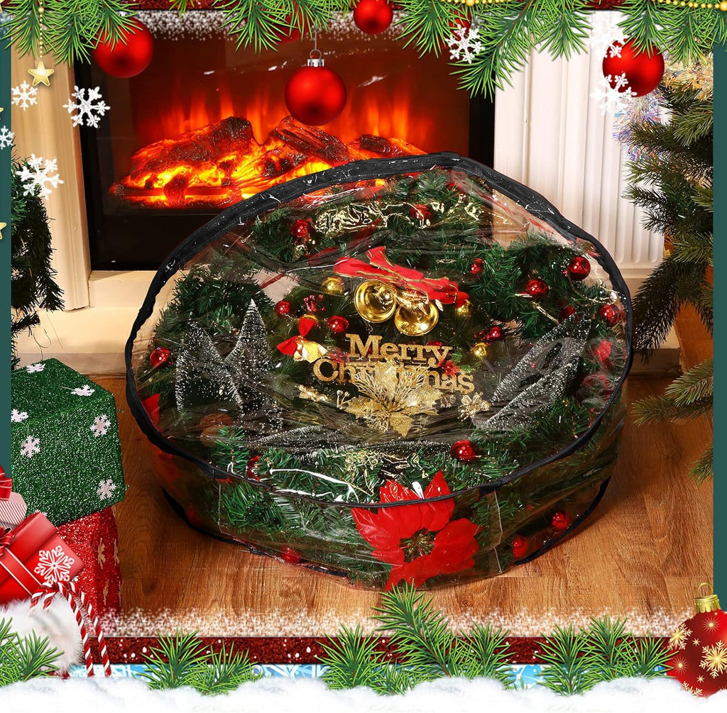 Shappy Christmas Wreath Storage Bag - 24-Inch Clear Container with Dual Zippers & Reinforced Handles | Black