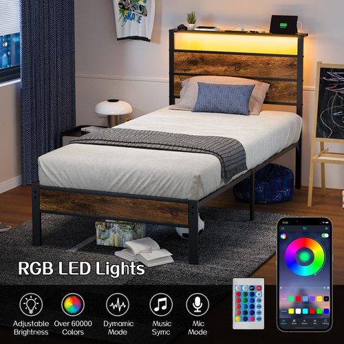 Liians Twin Bed Frame with Storage Headboard USB Charging Station, Smart LED Lights, Metal Platform Bed Easy Assembly, No Box Spring Needed