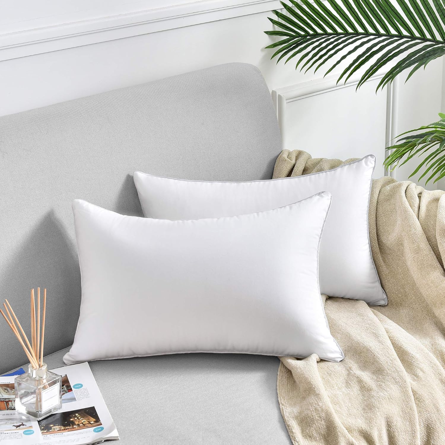Oubonun Lumbar Pillow Set of 2 - 100% Cotton Decorative Rectangle Inserts - White Sofa Pillows