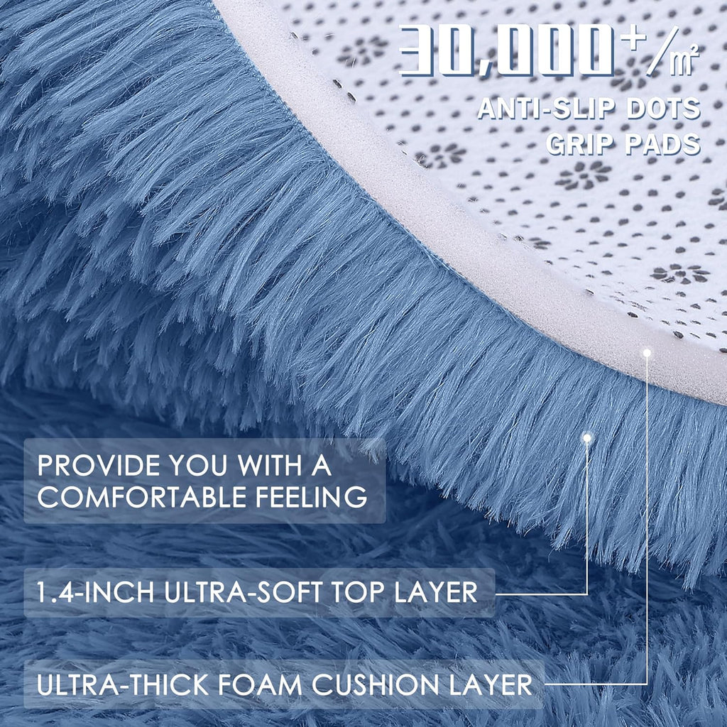 OLANLY Blue Round Rug - Soft, Fluffy Shaggy Carpet | 4 ft Machine Washable Area Rug for Bedroom & Living Room
