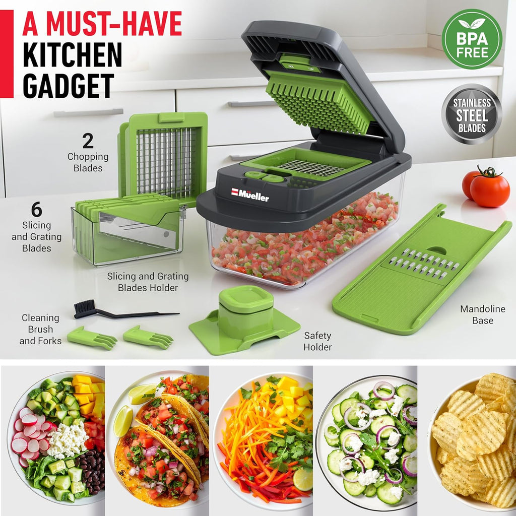 Mueller Pro-Series 10-in-1 Vegetable Chopper - 8 Blades for Easy Dicing, Slicing & Mincing | Gray/Green