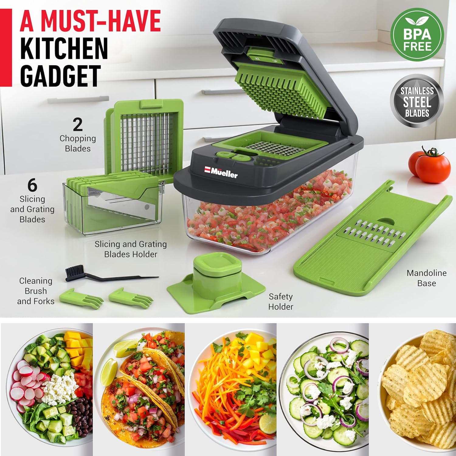 Mueller Pro-Series 10-in-1 Vegetable Chopper - 8 Blades for Easy Dicing, Slicing & Mincing | Gray/Green