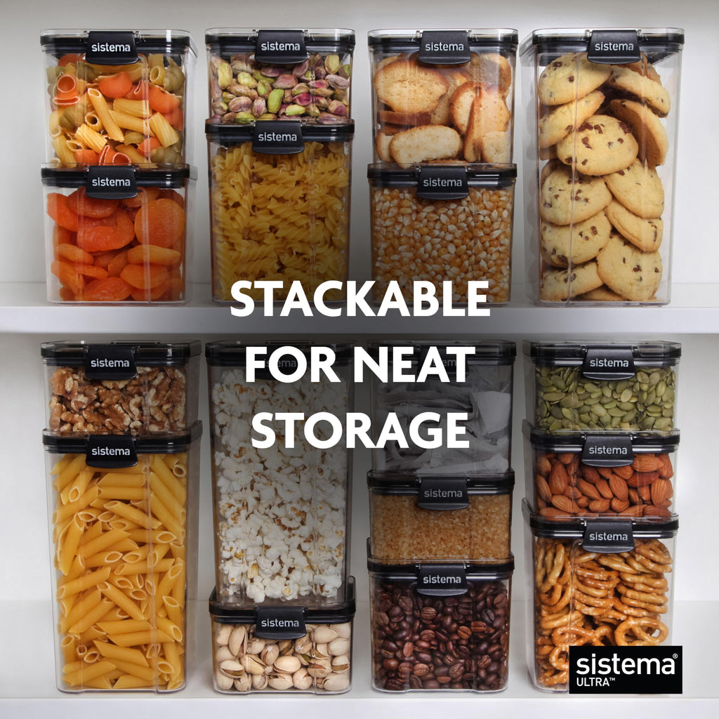 Sistema Tritan Ultra Airtight Pantry & Kitchen Storage Containers, 5-Pack, Clear Stackable Square Food Storage, BPA-Free, Dishwasher & Freezer-Safe (Microwave-Safe Without Lid)