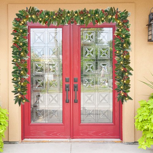 Juegoal 9FT Pre-Lit Christmas Garland - Artificial Greenery with Flowers, Berries & 50 Warm White LED Lights | Indoor/Outdoor Decor