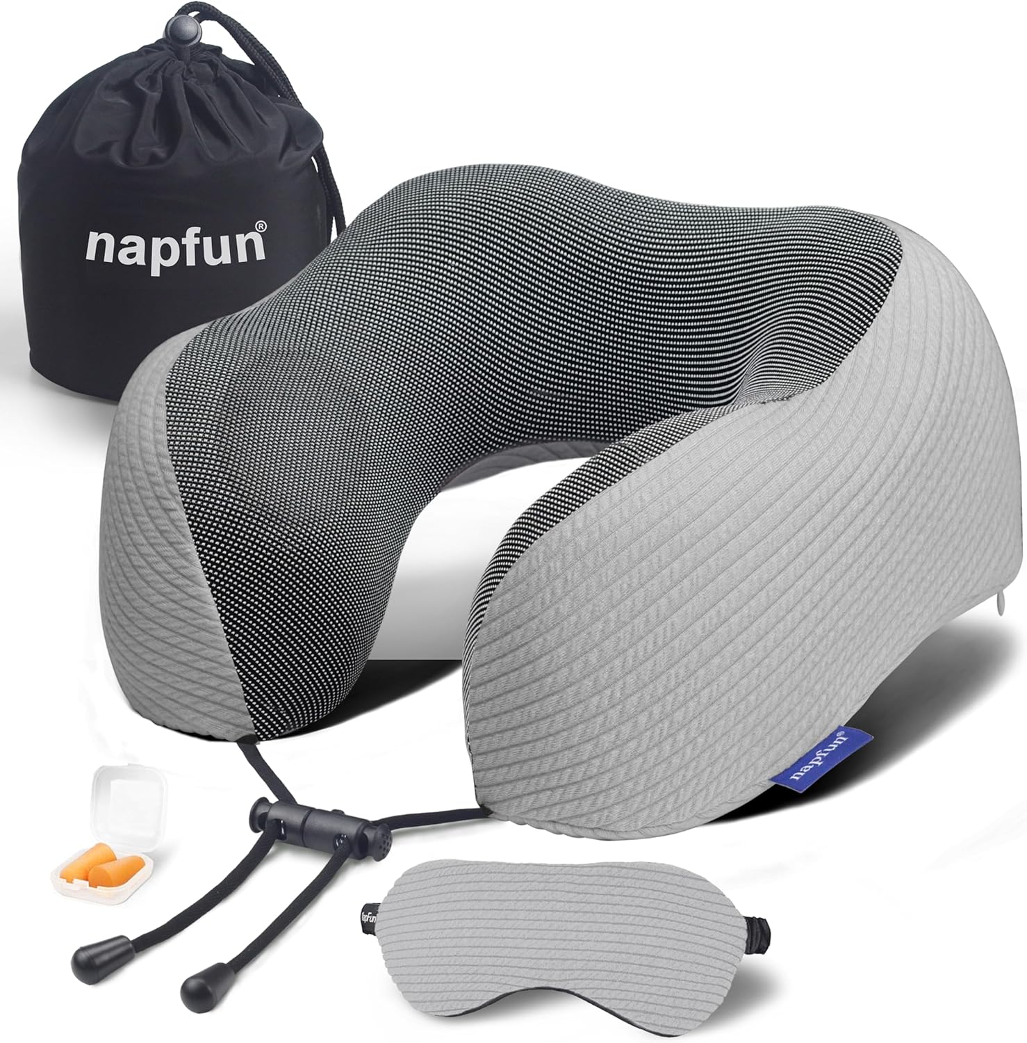Napfun Neck Pillow - Memory Foam Travel Pillow with Pouch, Sleep Mask & Earplugs | Light Gray Striped Set