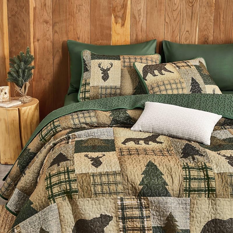 Wake In Cloud Rustic Quilt Set - Green Brown Queen/Full, 3-Piece Reversible Bedspread