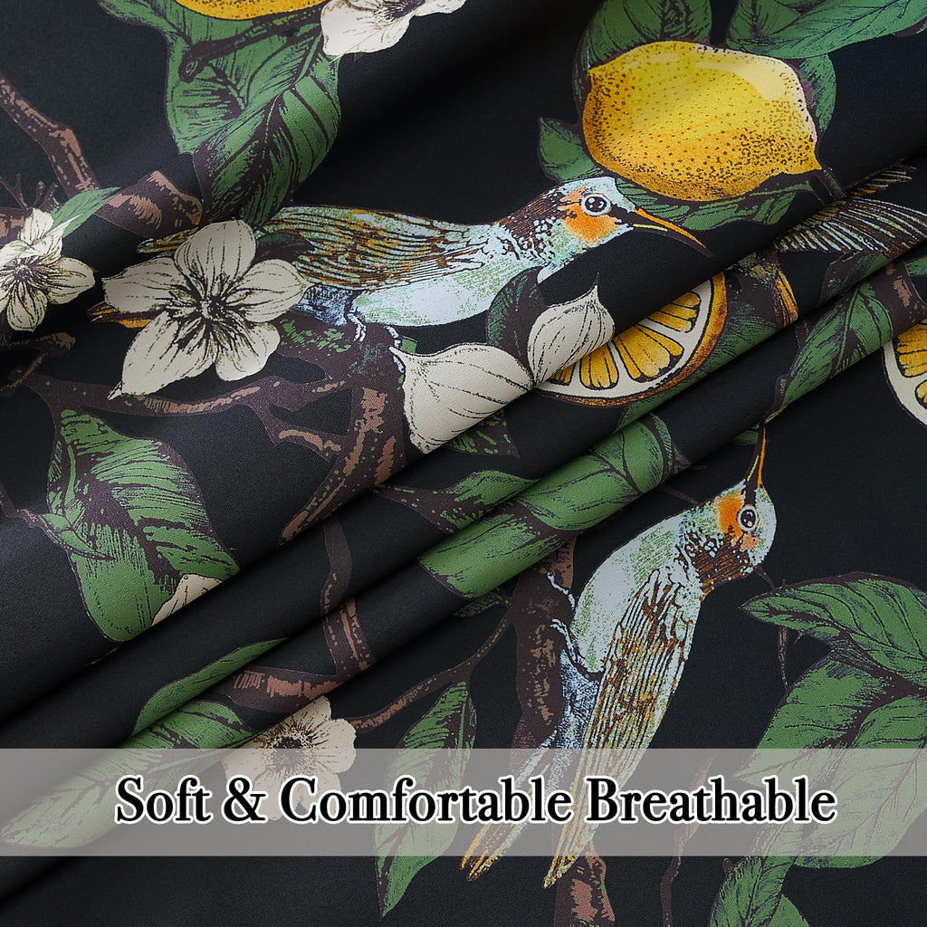 NICETOWN 100% Blackout Floral Curtains for Bedroom, W52 x L84 2 Panels, Hummingbird Lemon Botanical Print Design Thermal Insulated Privacy Drapes, Black Out Curtains for Living Room, Farmhouse