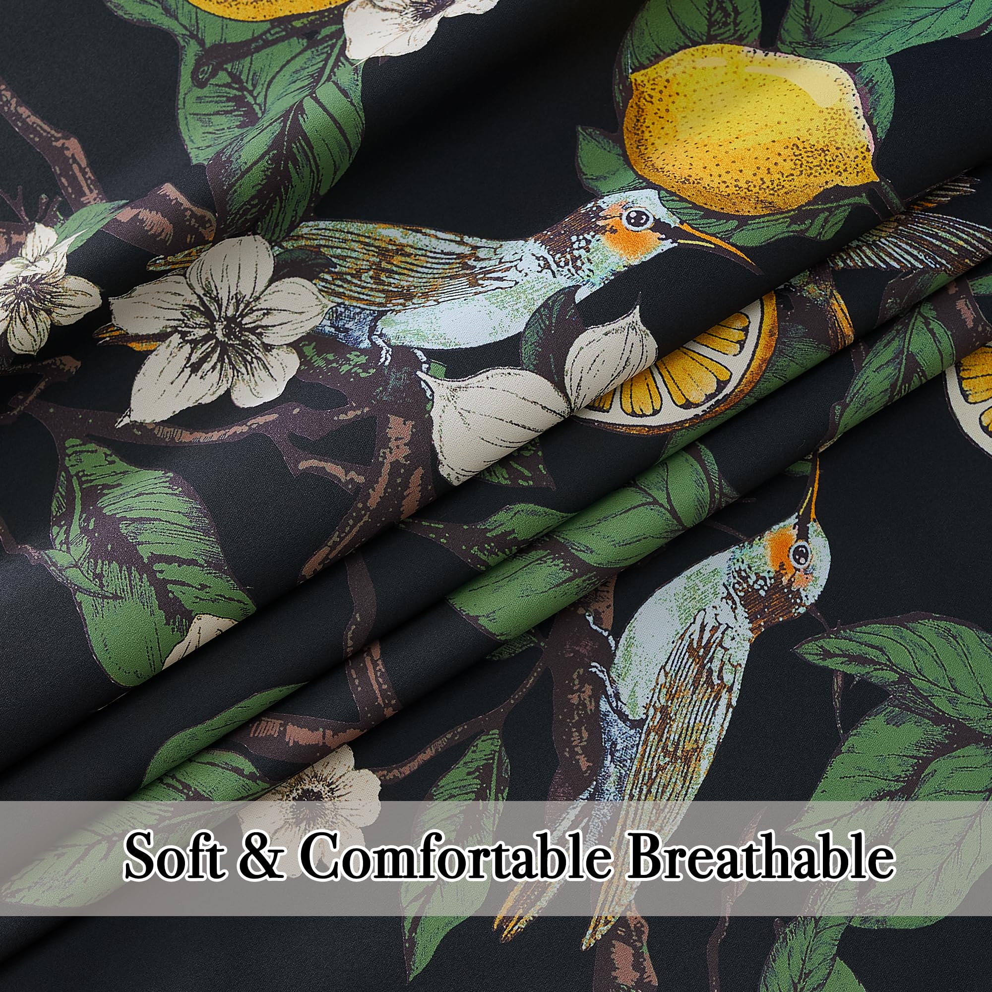 NICETOWN 100% Blackout Floral Curtains for Bedroom, W52 x L84 2 Panels, Hummingbird Lemon Botanical Print Design Thermal Insulated Privacy Drapes, Black Out Curtains for Living Room, Farmhouse