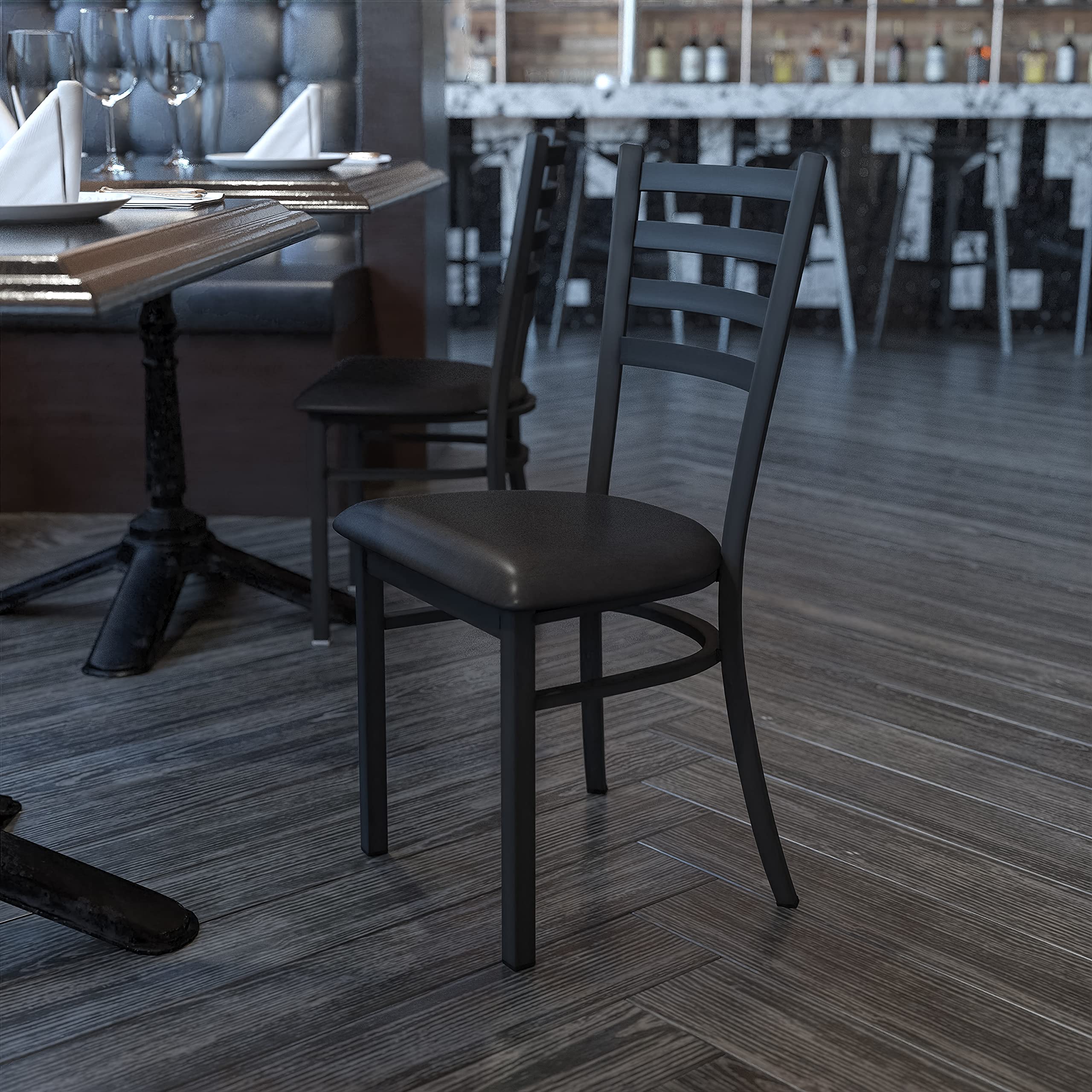 Flash Furniture HERCULES Series Black Ladder Back Metal Restaurant Chair - Black Vinyl Seat