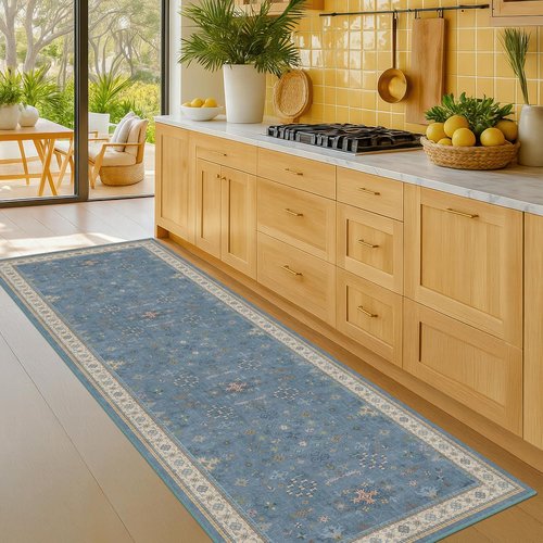 Light Blue Kitchen Runner Rug - Washable Boho Non-Slip Design for Hallway, Bedroom, Entryway | 2x7 Size