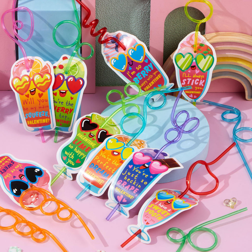 JOYIN 36 Pack Valentines Day Gift Cards with Colorful Loop Reusable Drinking Straws for Kids Valentine Party Favor, Classroom Gift Exchange, School Prizes